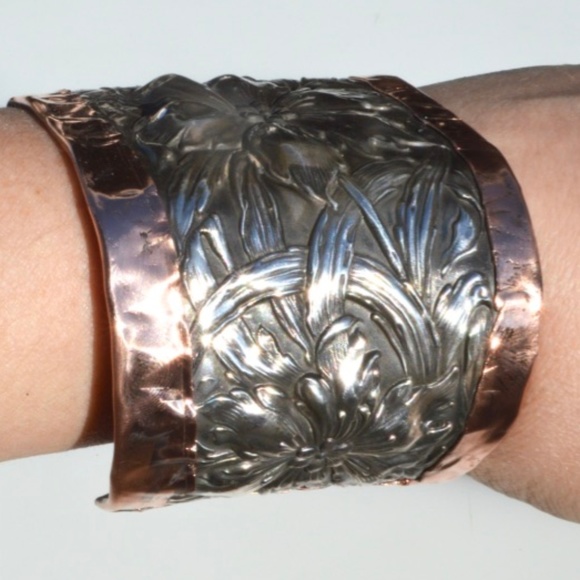 Antique Floral Sterling Silver Copper Cuff Unger - Picture 5 of 7